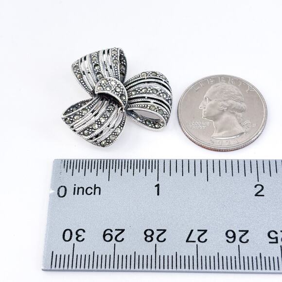 Vintage Thailand Sterling Silver 925 Marcasite Ribbon Bow Brooch Pin - Picture 7 of 7